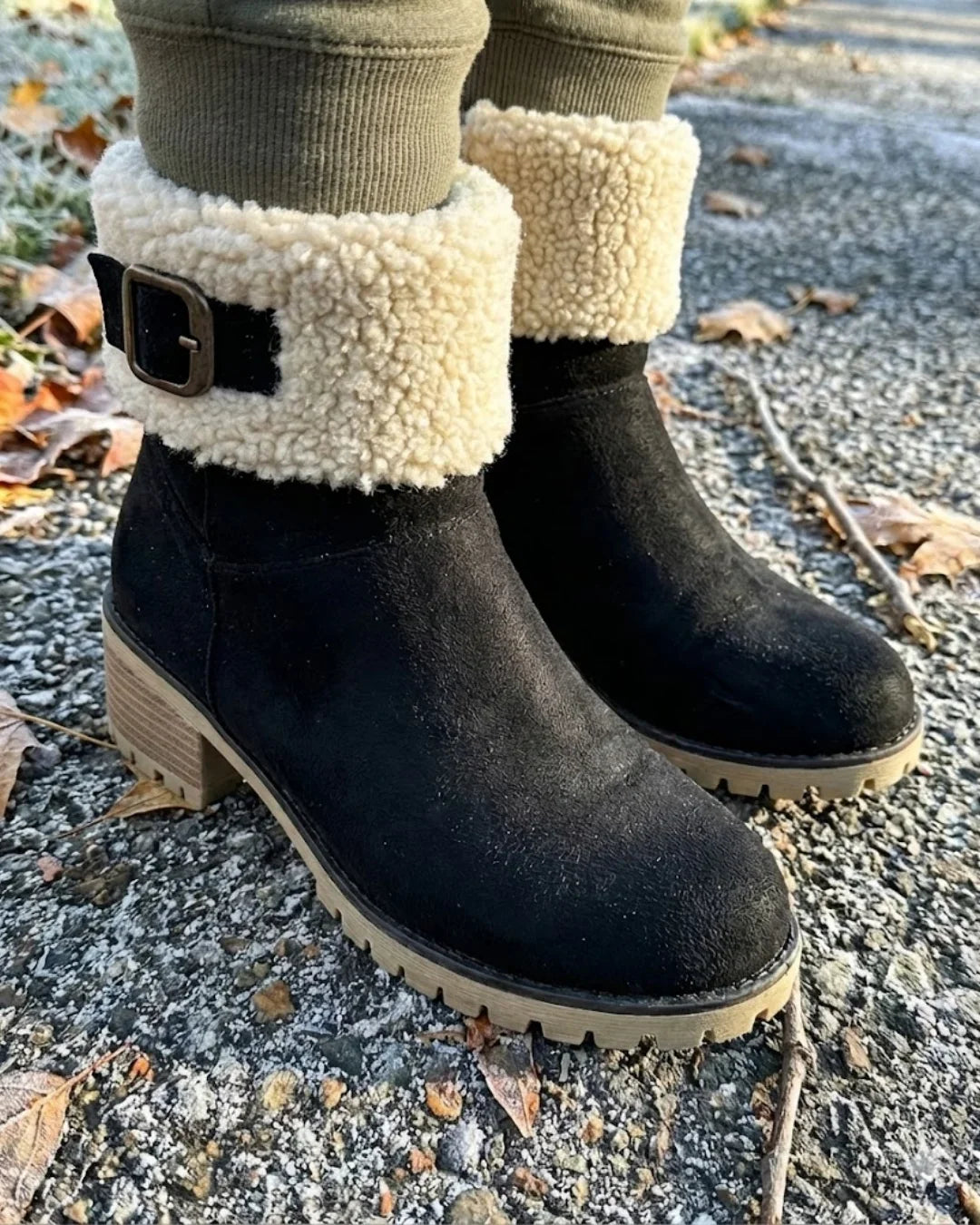 Mirella™ | Sherpa-cuff buckled side-zip heeled ankle boots