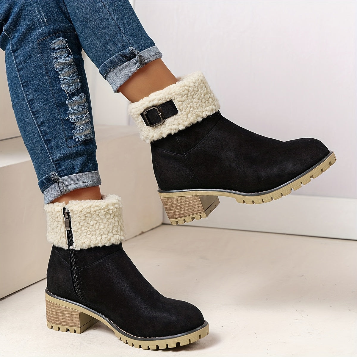 Mirella™ | Sherpa-cuff buckled side-zip heeled ankle boots