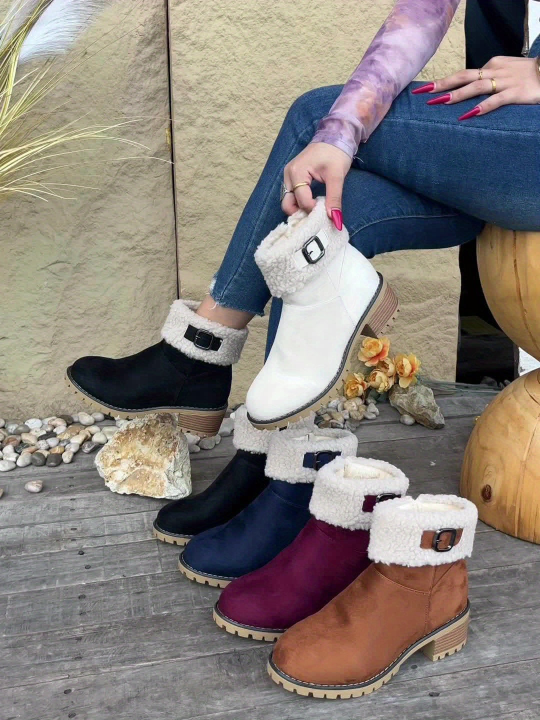 Mirella™ | Sherpa-cuff buckled side-zip heeled ankle boots