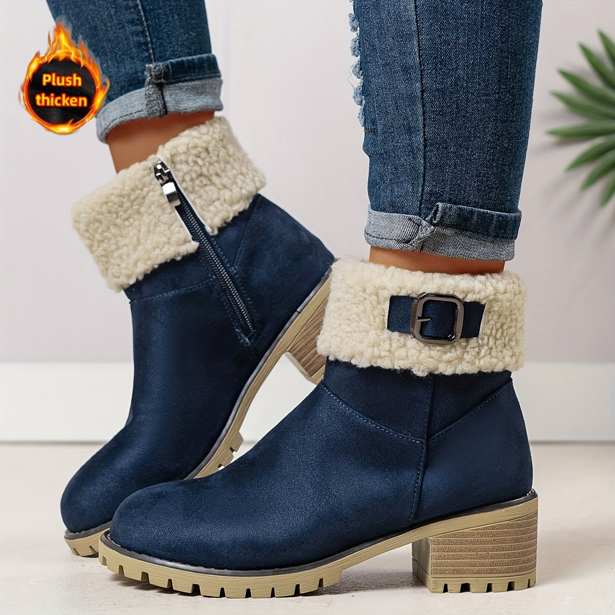 Mirella™ | Sherpa-cuff buckled side-zip heeled ankle boots