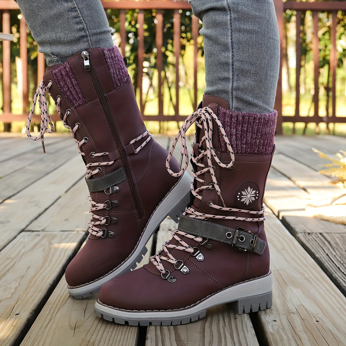 Cordelia™ | Knit-cuff buckle-strapped lace-up hiking boots