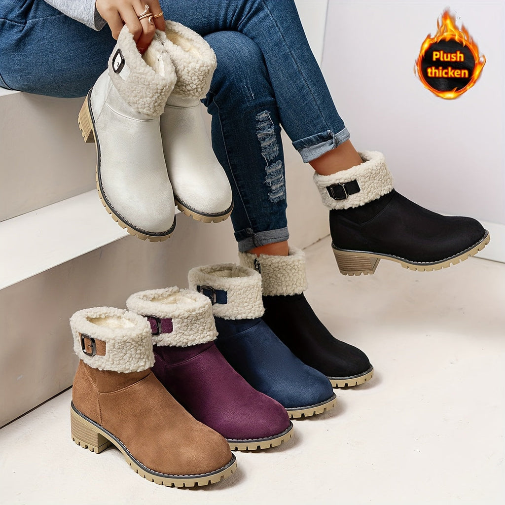 Mirella™ | Sherpa-cuff buckled side-zip heeled ankle boots