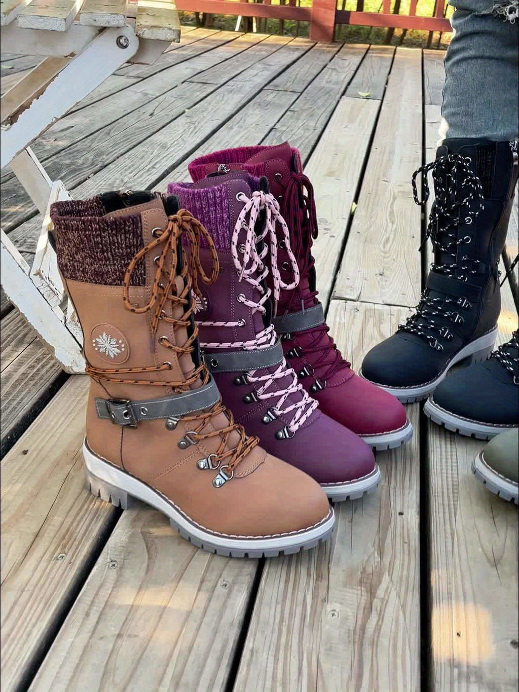 Cordelia™ | Knit-cuff buckle-strapped lace-up hiking boots