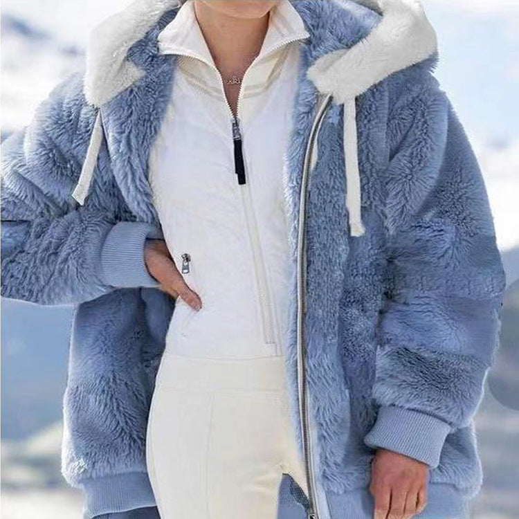 Daria™ | Colorblock Stripe Fuzzy Hooded Zip-Up Jacket